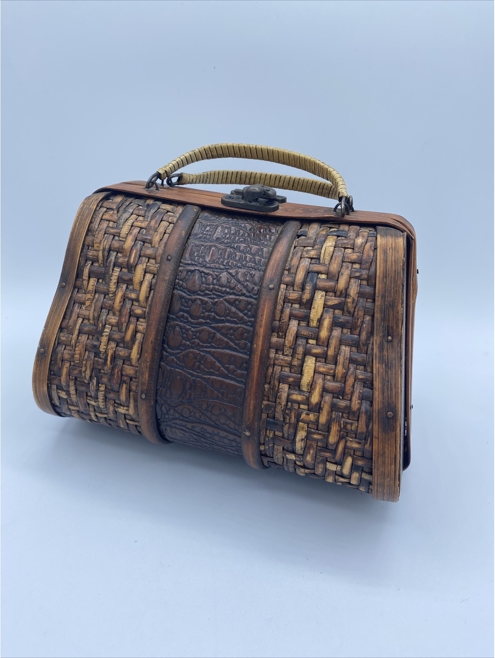 Wood and Woven Bamboo Purse with Faux Reptile Insert and and Brass Latch - Picture 11 of 13